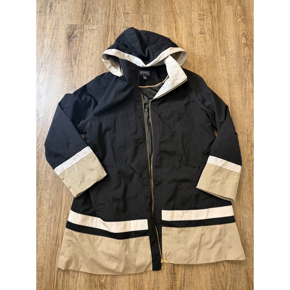 Jones New York Womens XL Hooded Colorblock Jacket Black Tan Full Zip Lightweight
